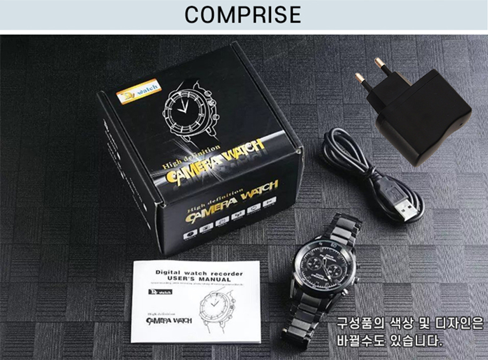 구성품-손목시계카메라, USB케이블,사용설명서,USB충전기